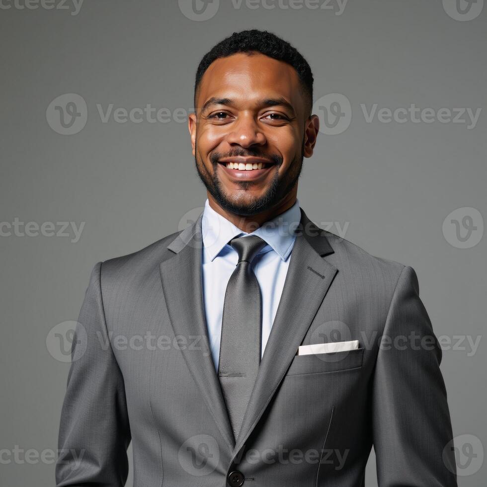 Confident businessman smiles in grey suit professional portrait captures success concept ideal for corporate use photo