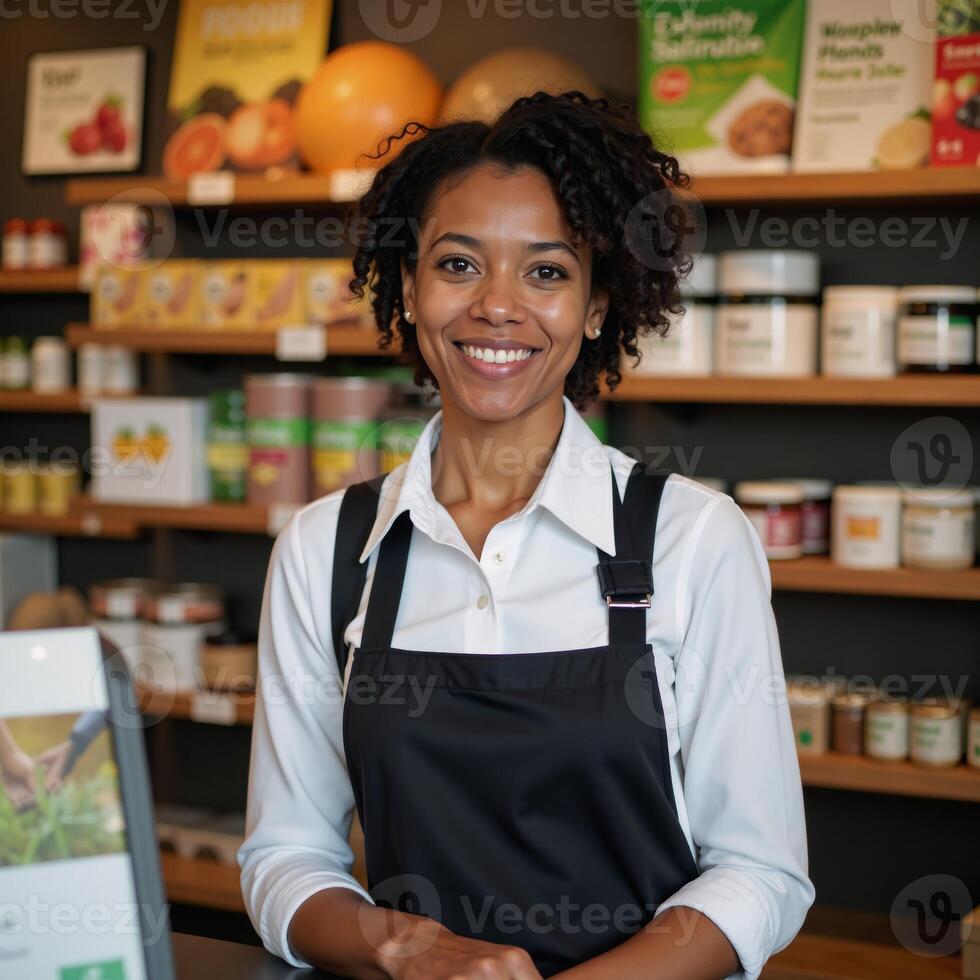 African American woman with a smile selling health foods in a shop photo