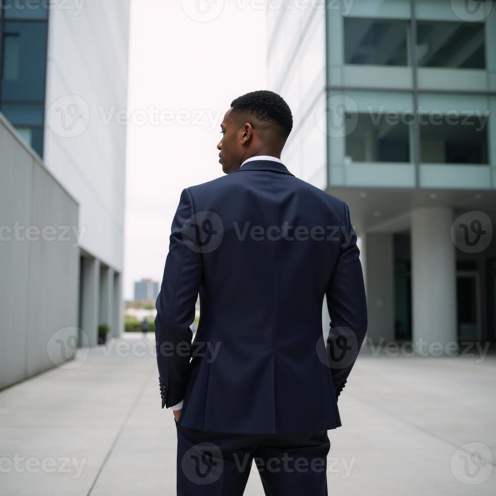 Young African American man in contemporary setting viewed from behind as he gazes into the distance photo