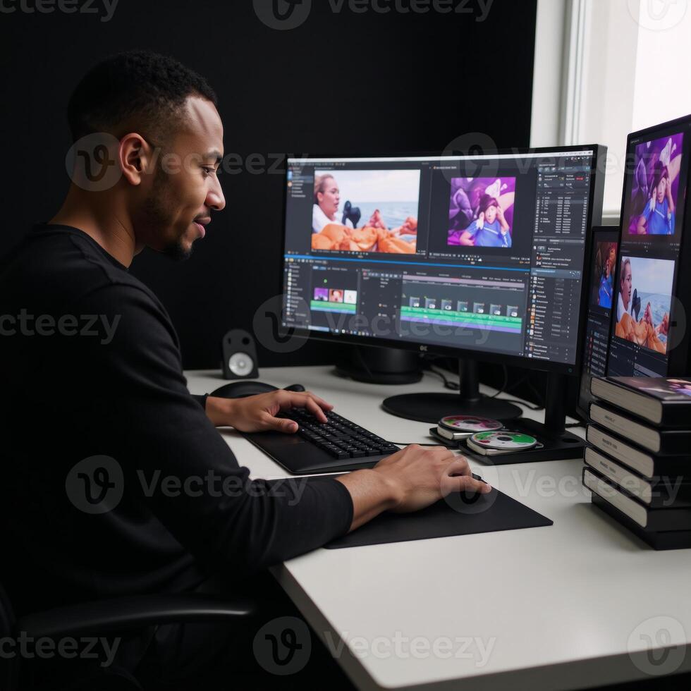 AfricanAmerican videographer creates multimedia content by editing a film montage with visual effects at home photo