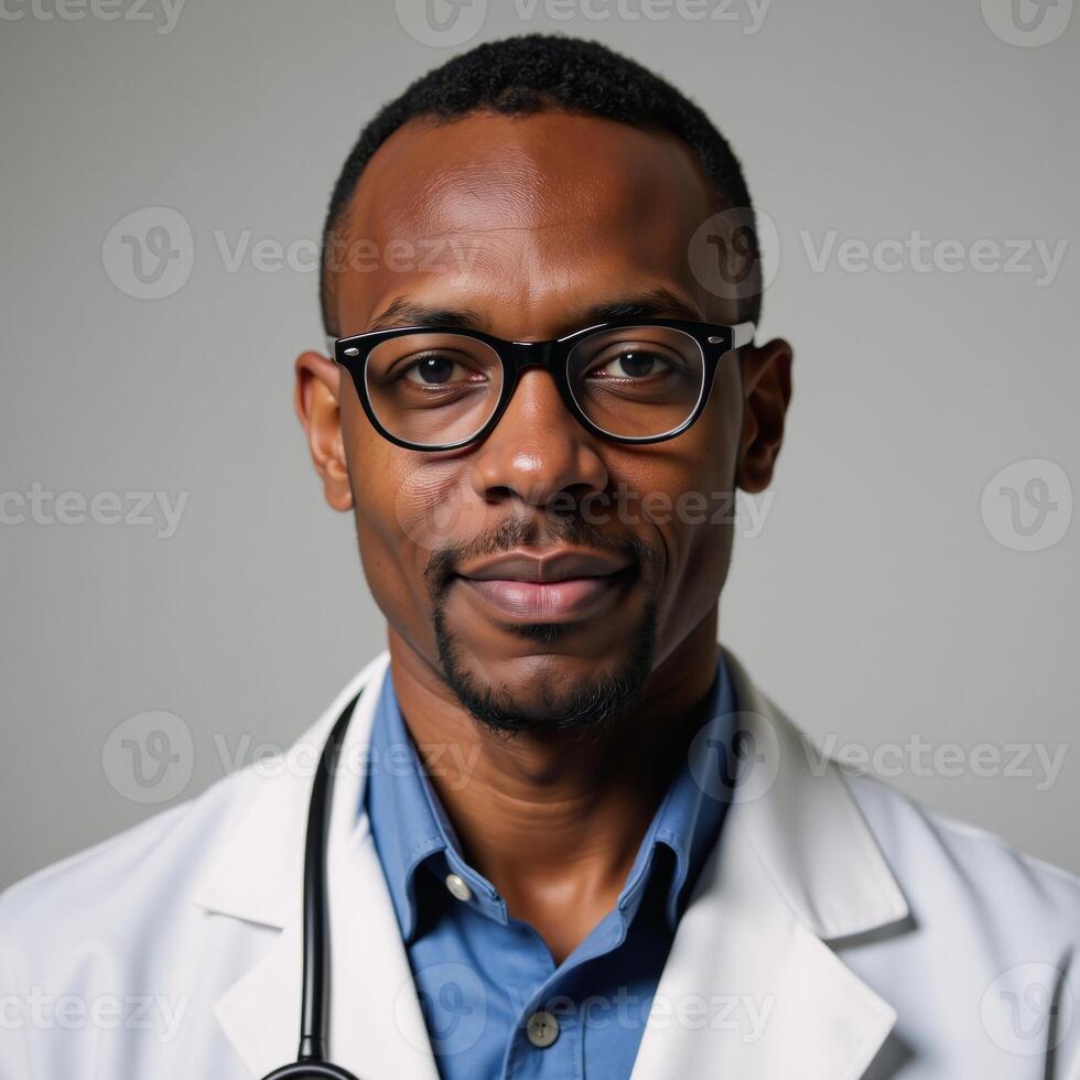 Confident AfricanAmerican physician in glasses addressing the viewer directly photo