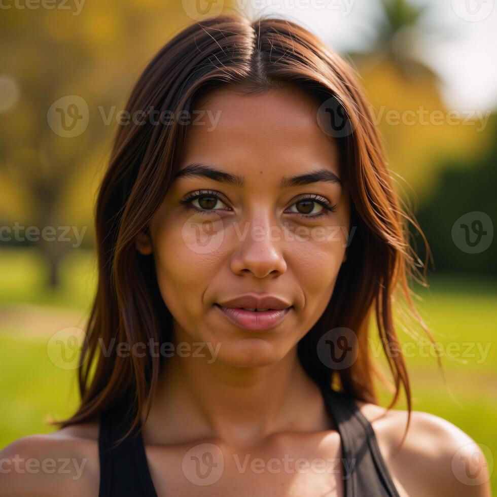 Closeup portraiture showcasing an athletic African American woman outdoors photo