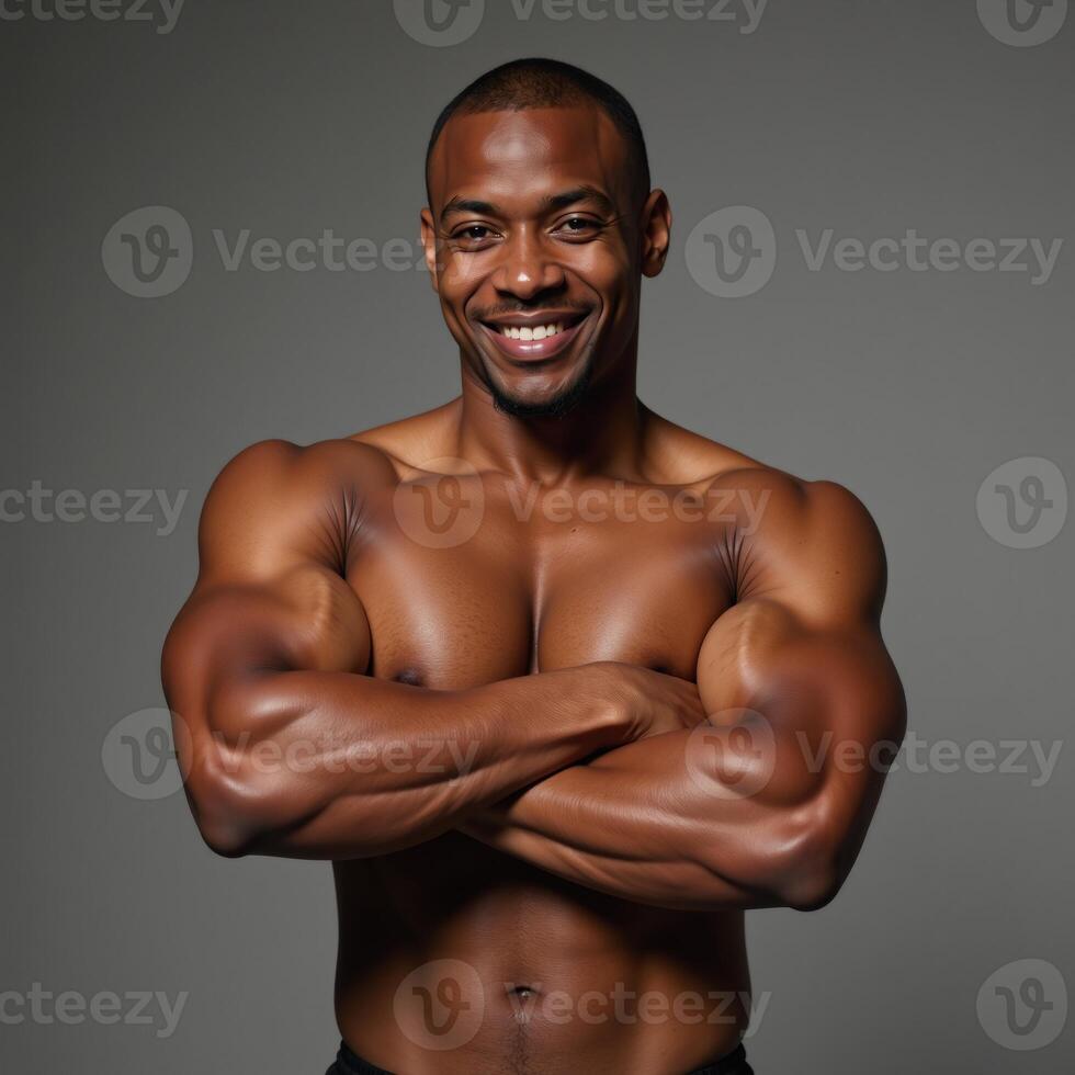 An athletic Black man stands with crossed arms and a smile against a backdrop photo
