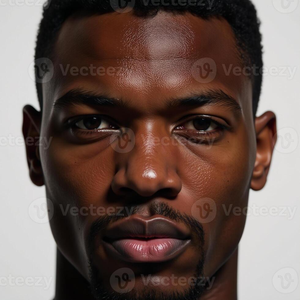 Detailed portrait of an intense focused African American male with dewdrops on his face photo