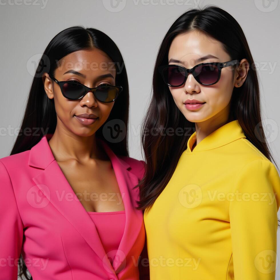 A vibrant image featuring two diverse women in sunglasses epitomizing womanhood and diversity photo