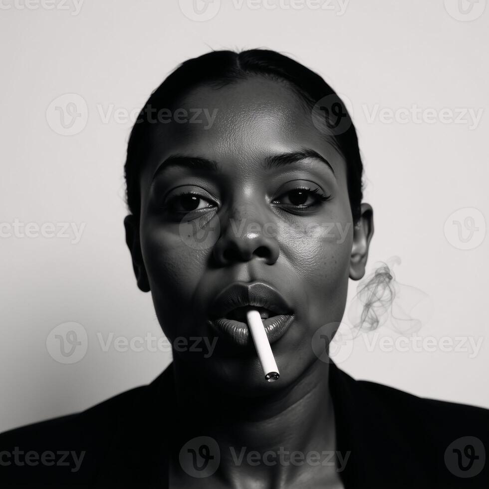 Image portrays a closeup portrait of an African American woman with focus on her face as she smokes during World No Tobacco Day photo