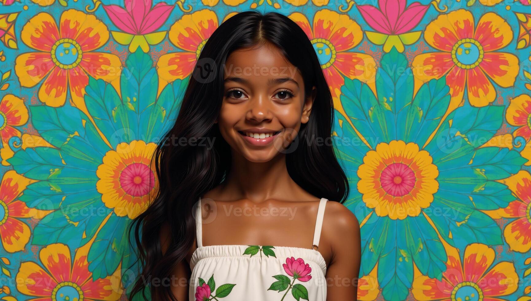 Digital portrait of an African American girl with long black hair and a flowery dress styled after popular culture imagery photo