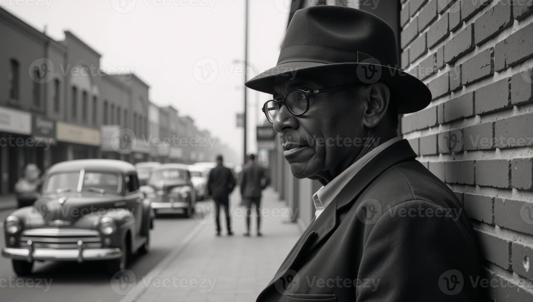 A vintage blackandwhite photograph showcases an introspective elderly African American man wearing a fedora leaning against the wall of a bustling urban street scene from the 1950s photo
