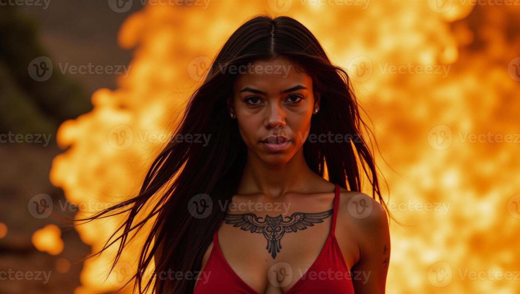An ethereal African American woman in flames walks through the inferno as a supernatural figure of power and resilience Sovereign Unparalleled Unconquerable Unswerving photo