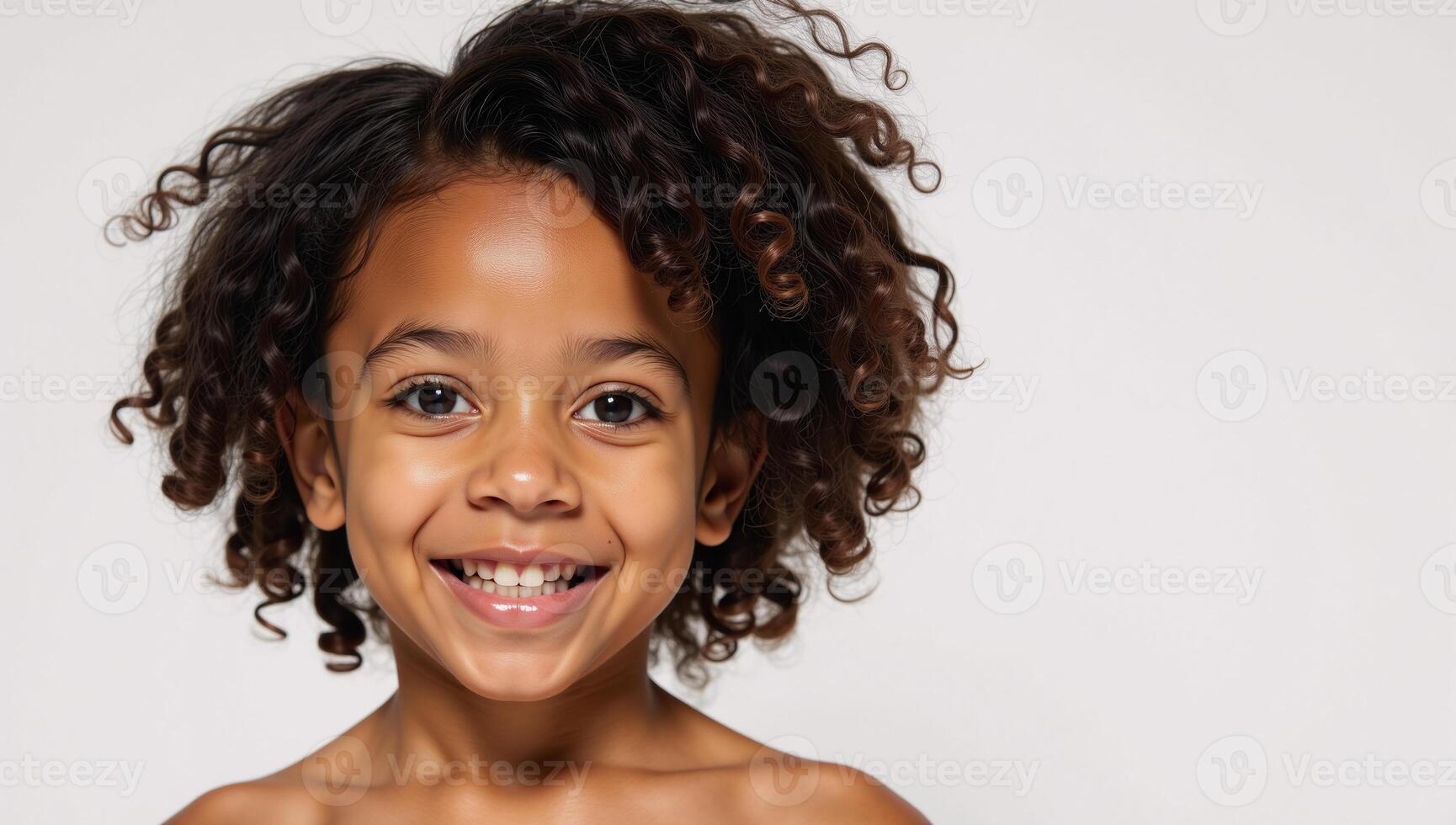 Adorable AfricanAmerican girl with curls and a splash on a clean white backdrop photo