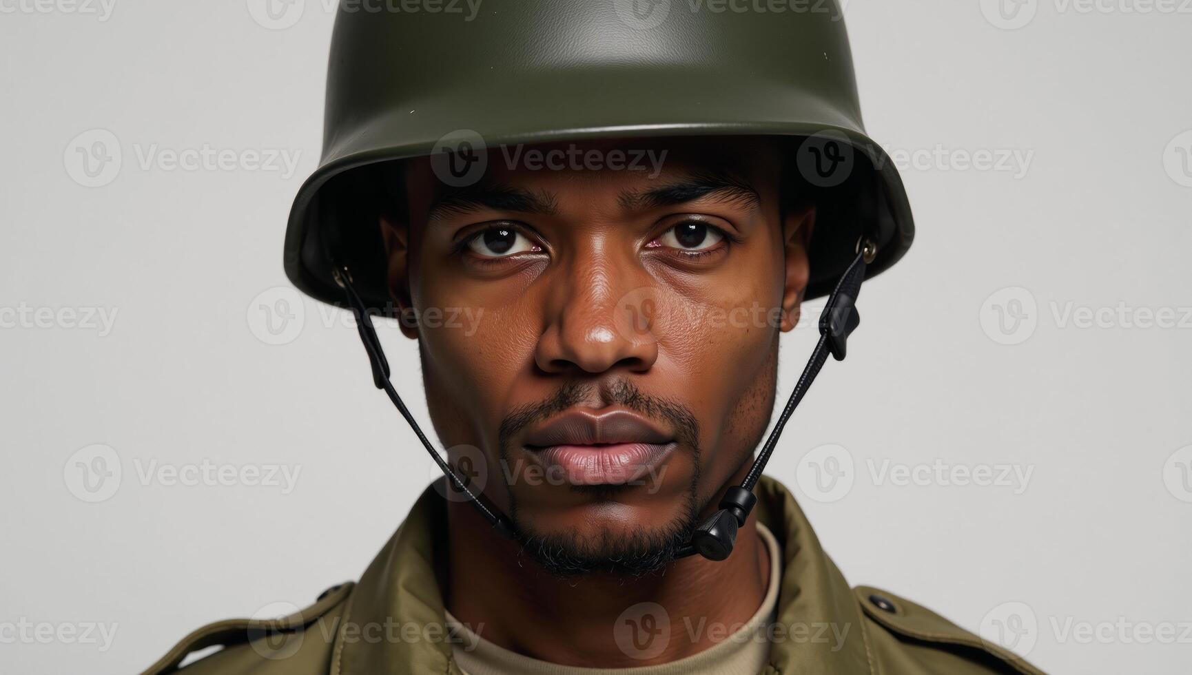 Portrait featuring an AfricanAmerican soldier wearing a helmet amidst military backdrop photo