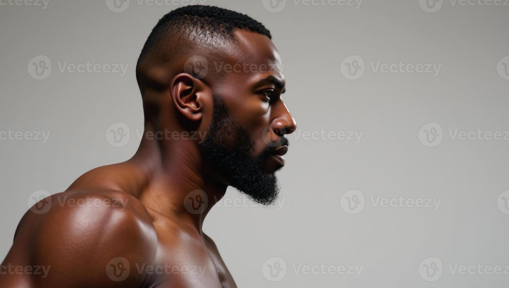 Detailed anatomical study depicts sideview profile of muscular African American man with accentuated veins photo