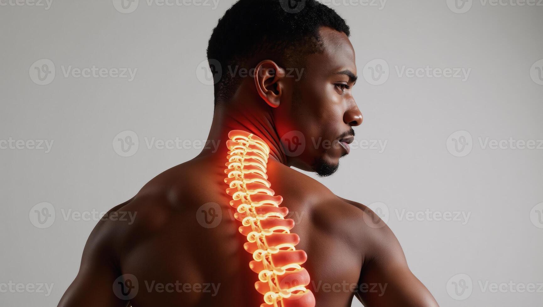 An AfricanAmerican man depicted with prominently displayed spine and radiating lines of visible pain photo