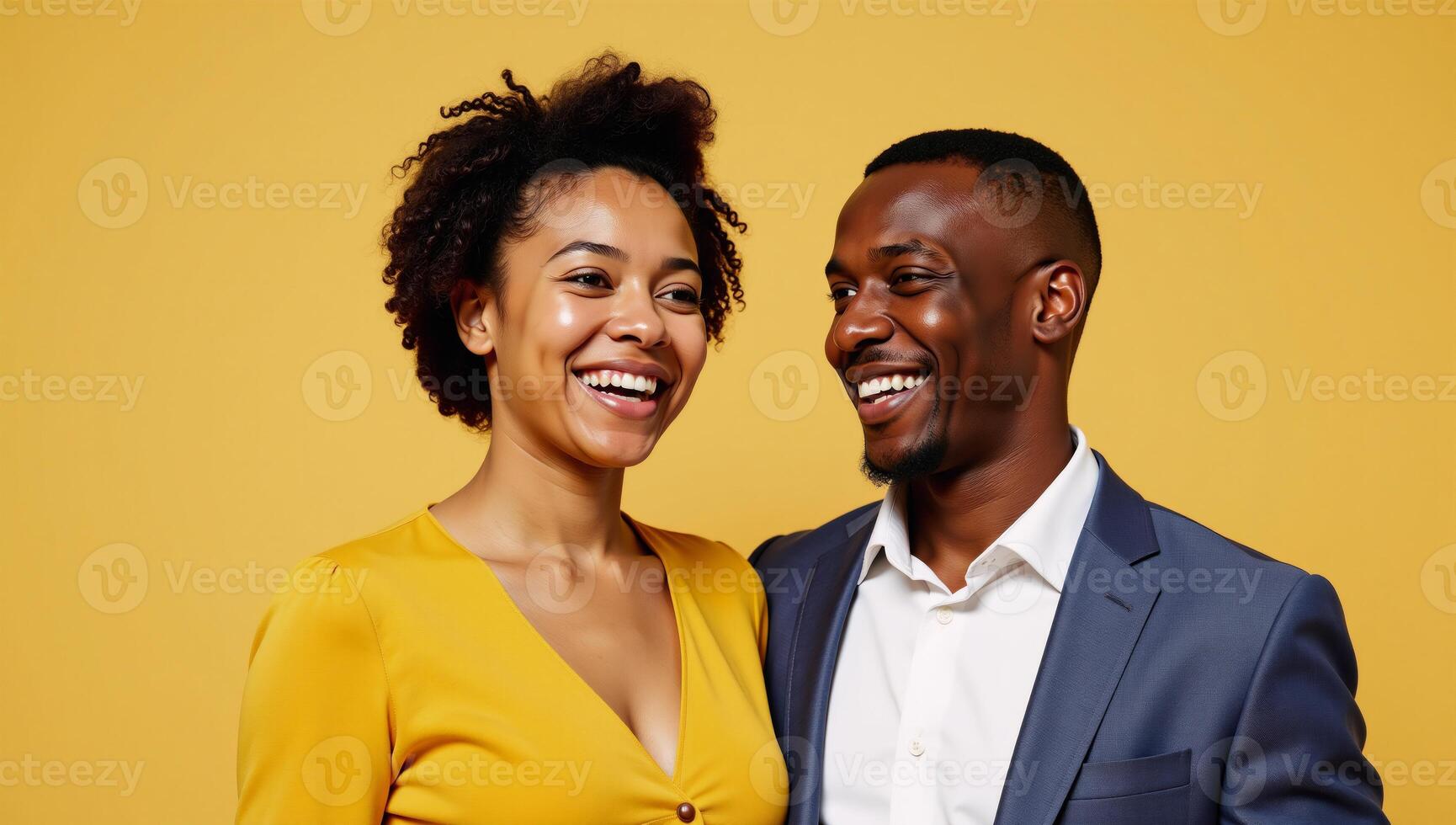 A portrait showcases an AfricanAmerican young couple aged around 20 sharing laughter on a pastel yellow backdrop as they celebrate their first love photo