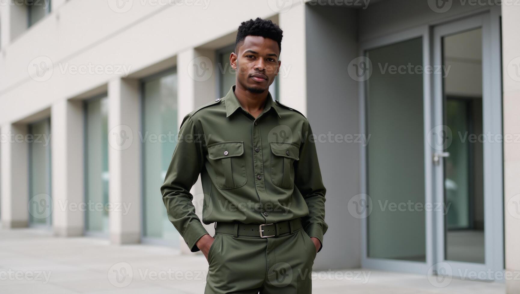 Modern minimalist blackandwhite photograph features a young man in uniform and hands in his pockets against a blurred urban backdrop of a sleek modern building photo