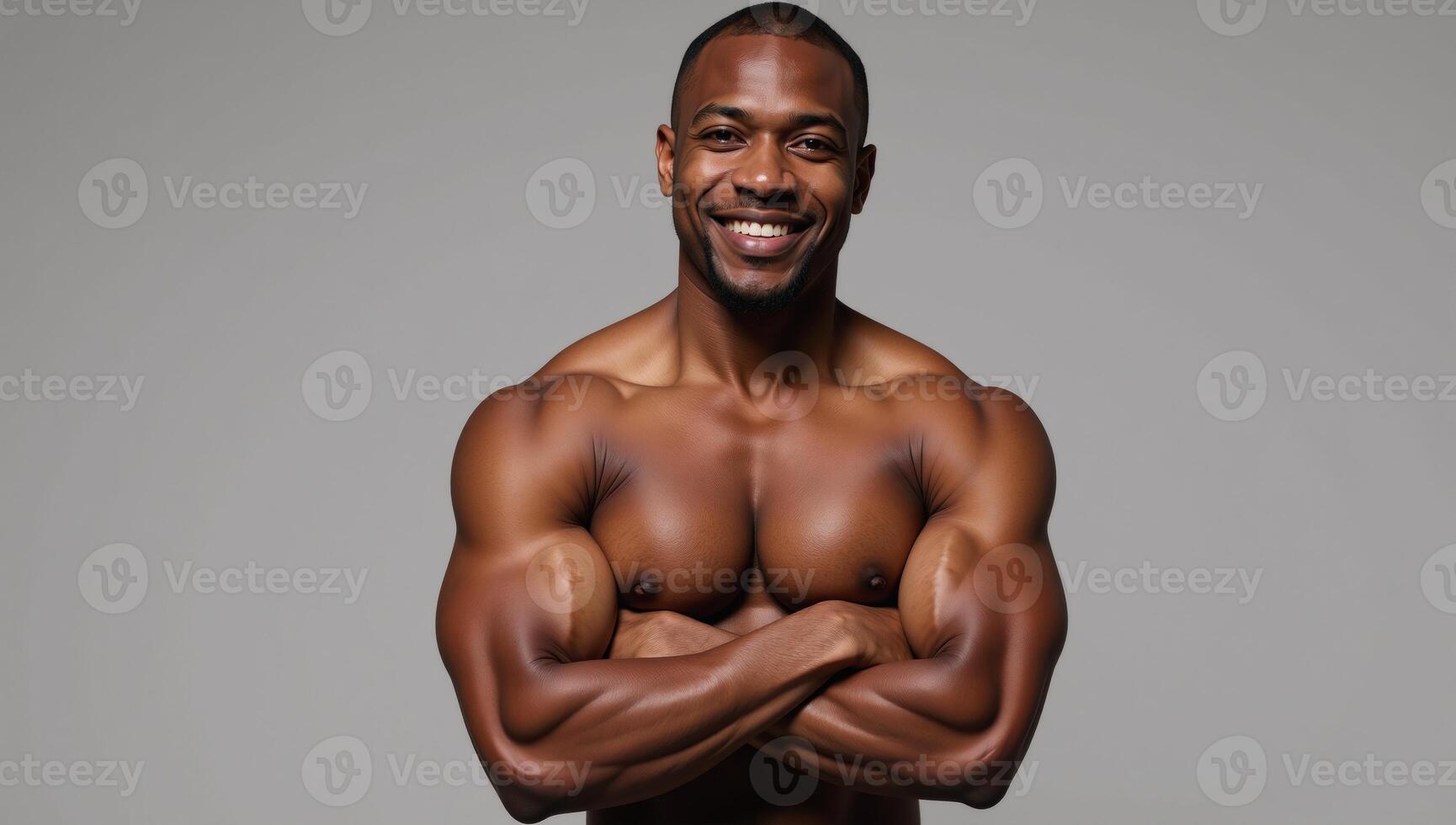 An athletic Black man stands with crossed arms and a smile against a backdrop photo