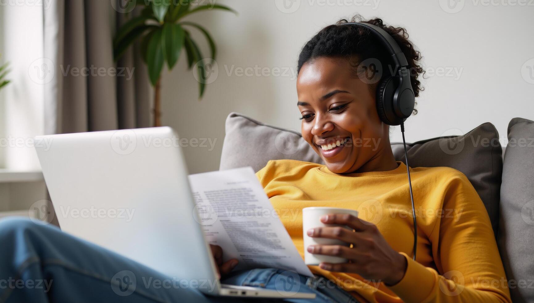 AfricanAmerican woman relaxing at home with coffee reading news on laptop listening to headphones digital art photo