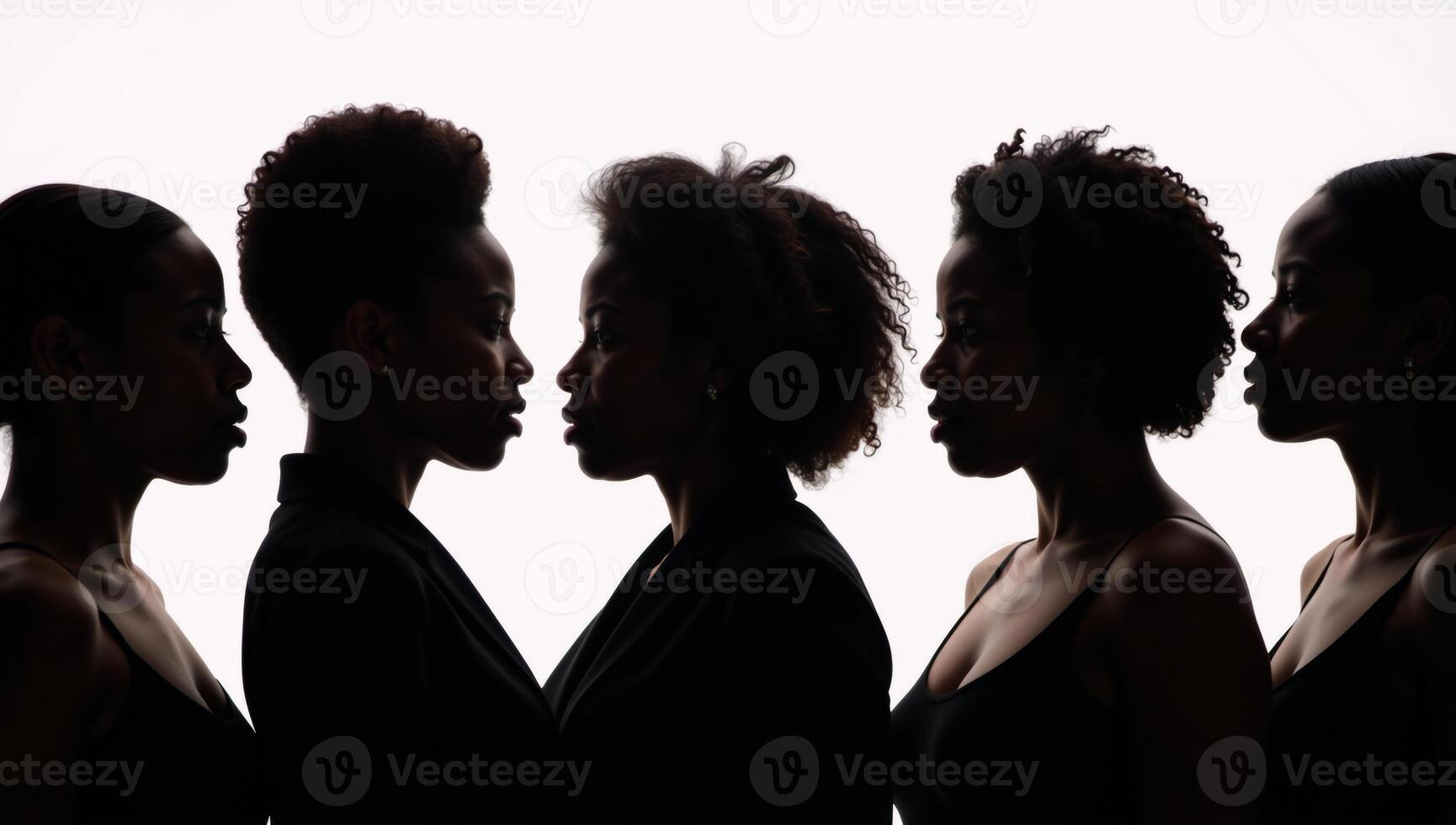 Profile silhouettes depict diverse Black female empowerment through racial equality in a strong sisterhood photo