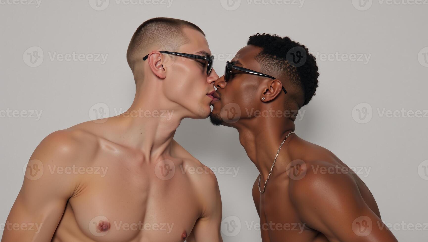Illustrated portrait showcases an androgynous couple in sunglasses kissing with one model being Caucasian and the other AfricanAmerican in a simplified design photo