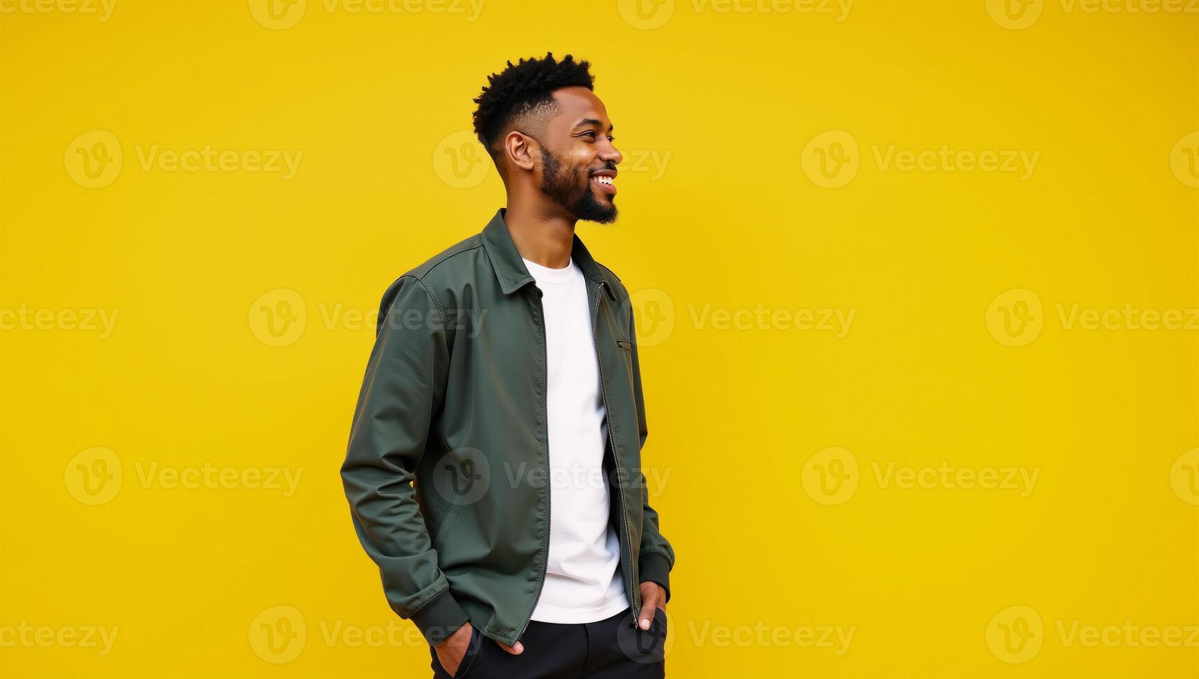 A cool stylish Gen Z black hipster stands on a bright yellow backdrop gazing off into ad space with a happy expression photo