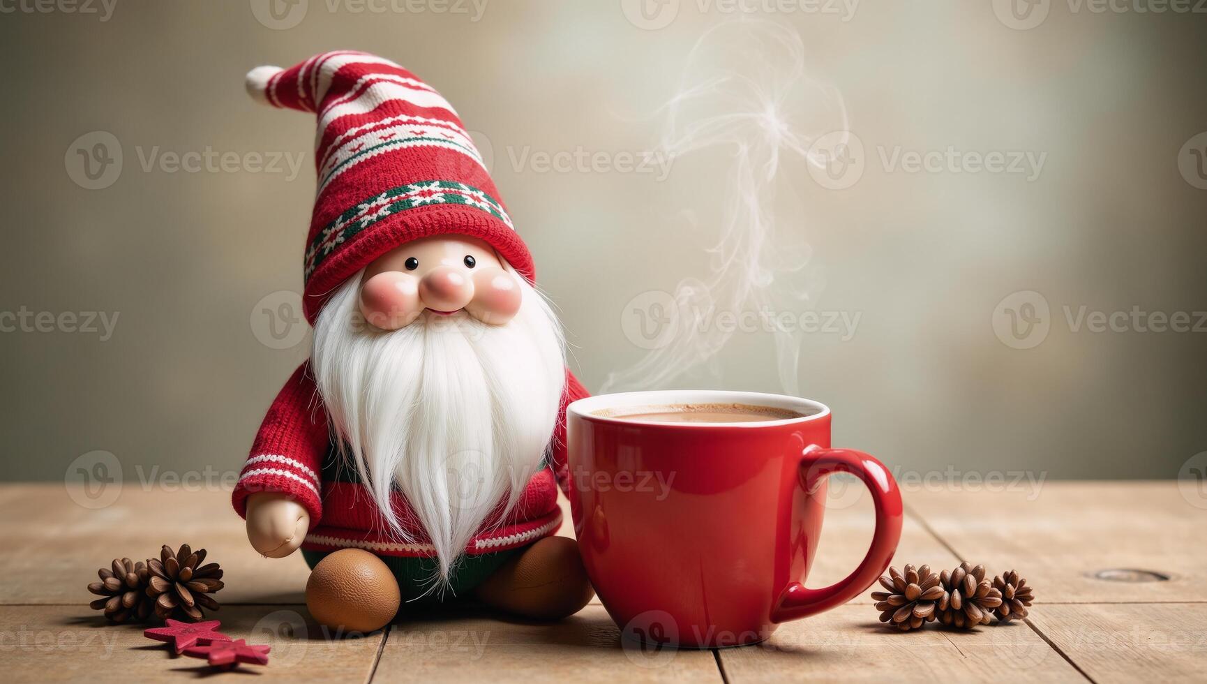 Watercolor winter scene featuring a cozy gnome enjoying hot chocolate with a festive red mug in Scandinavianstyle setting photo