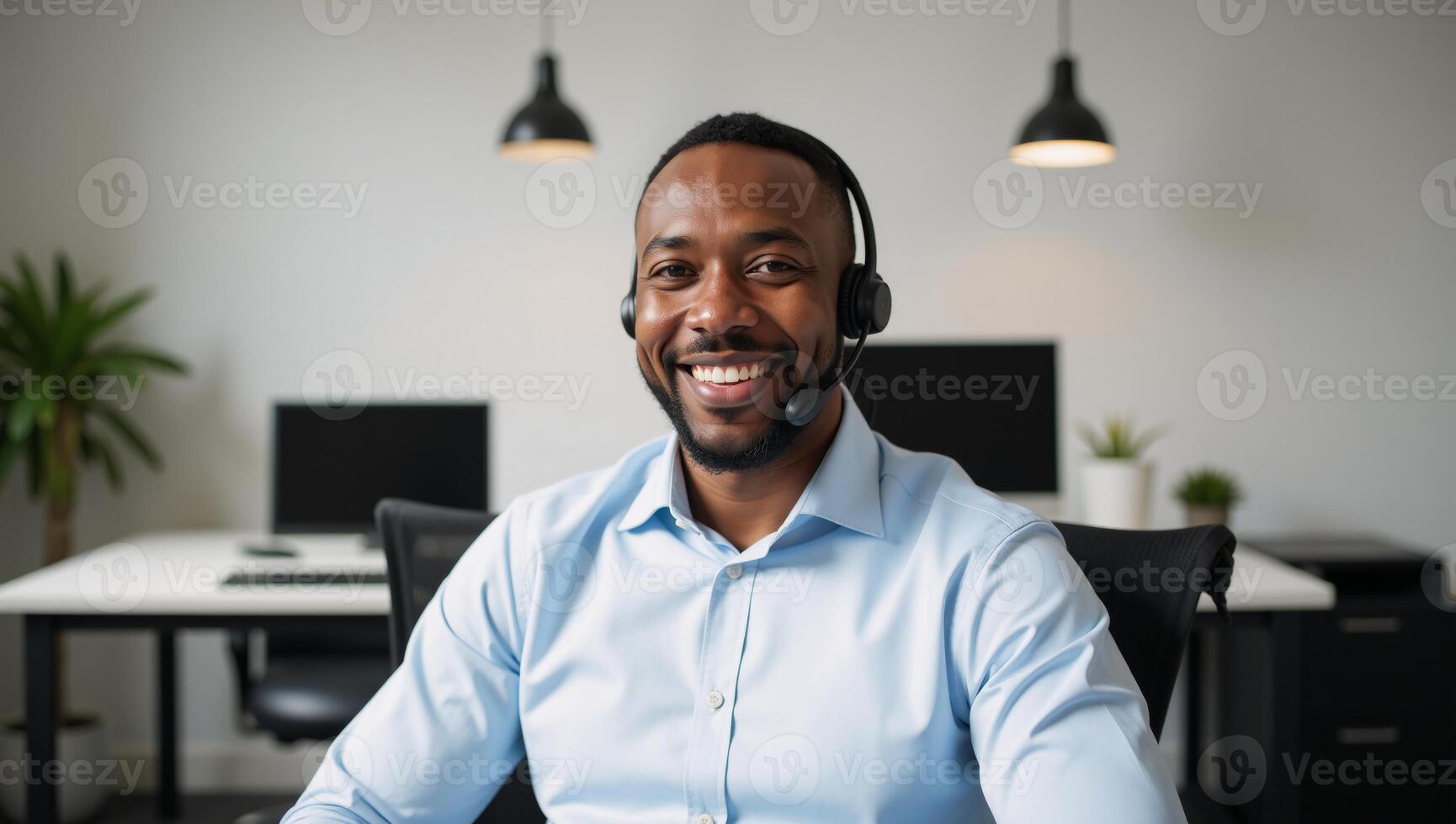 An office setting featuring an African American man with headset and smiling expression photo