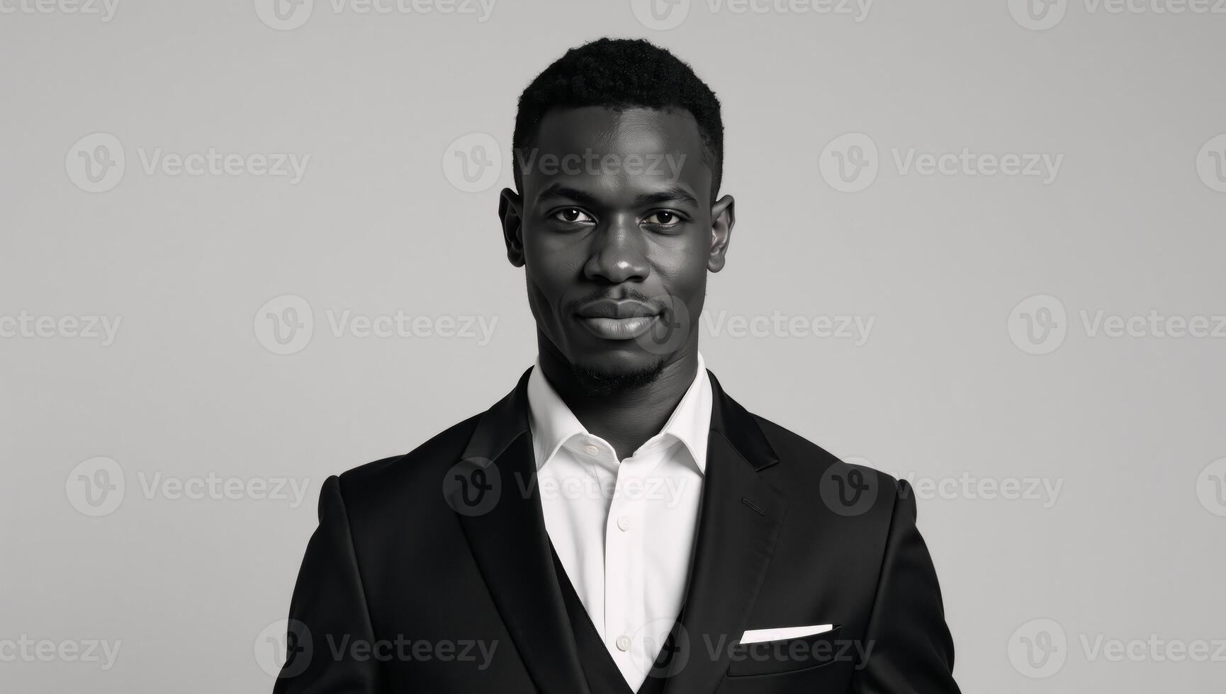 A young AfricanAmerican professional exhibits a thoughtful demeanor while dressed smartly for business attire photo