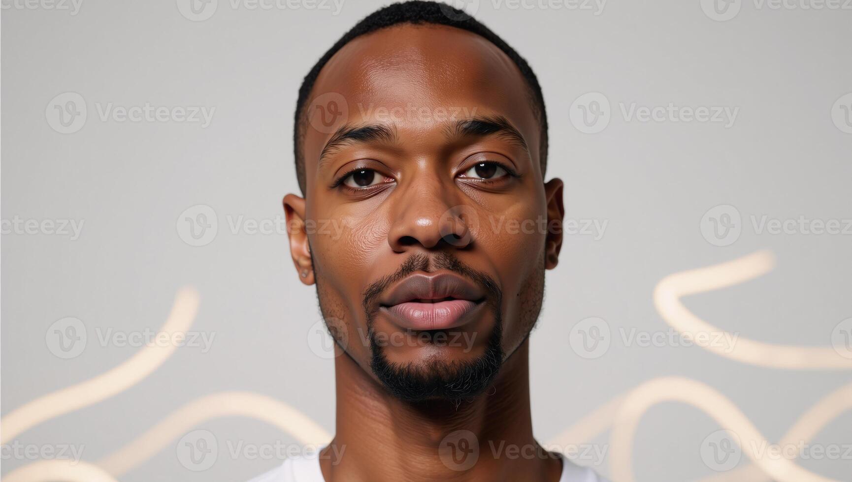 A vibrant portrait showcases an abstracted image of a young African American man set against a light backdrop with lively decorative wave patterns photo