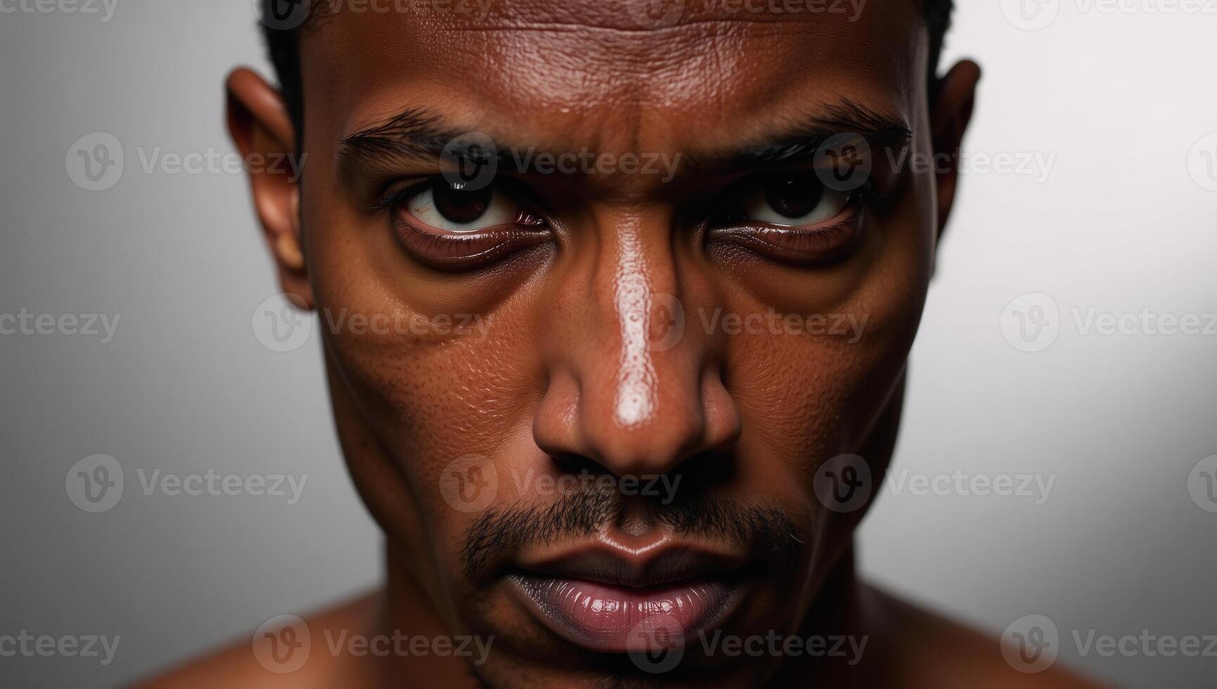 Detailed portrait of an intense focused African American male with dewdrops on his face photo