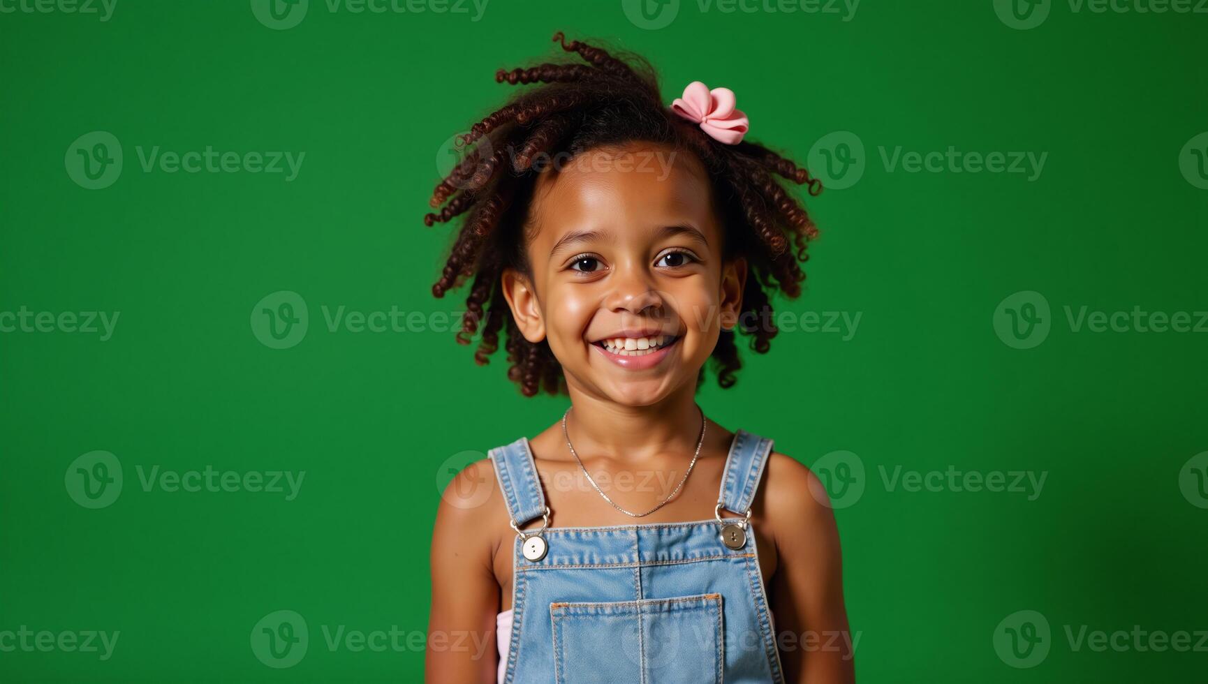 A happy African American girl with curls against a vibrant green backdrop in a beautiful unique 4K image photo