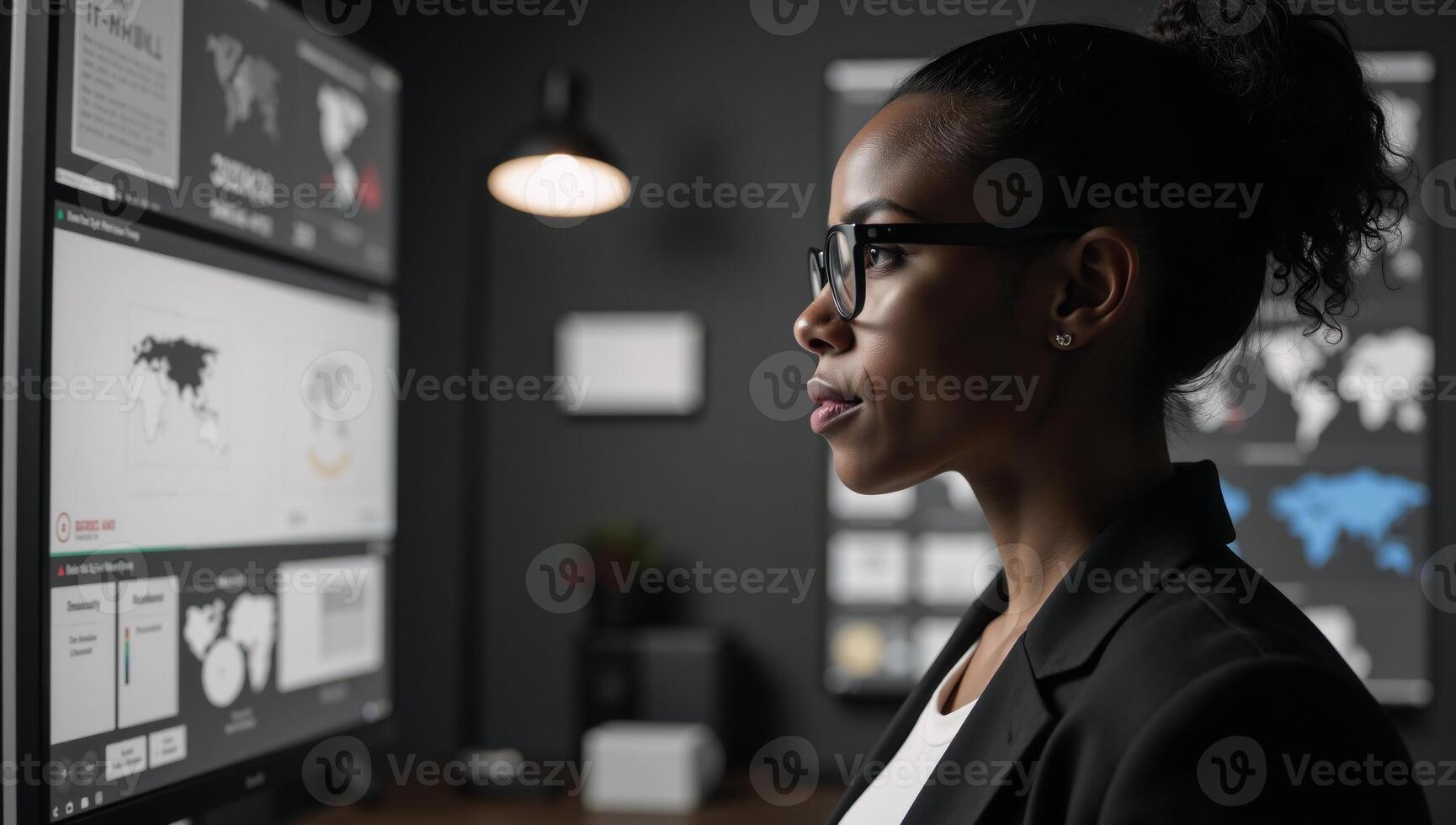 Black female IT specialist examining cyber threats ARAI elements sideprofile view with copy space for text overlay photo