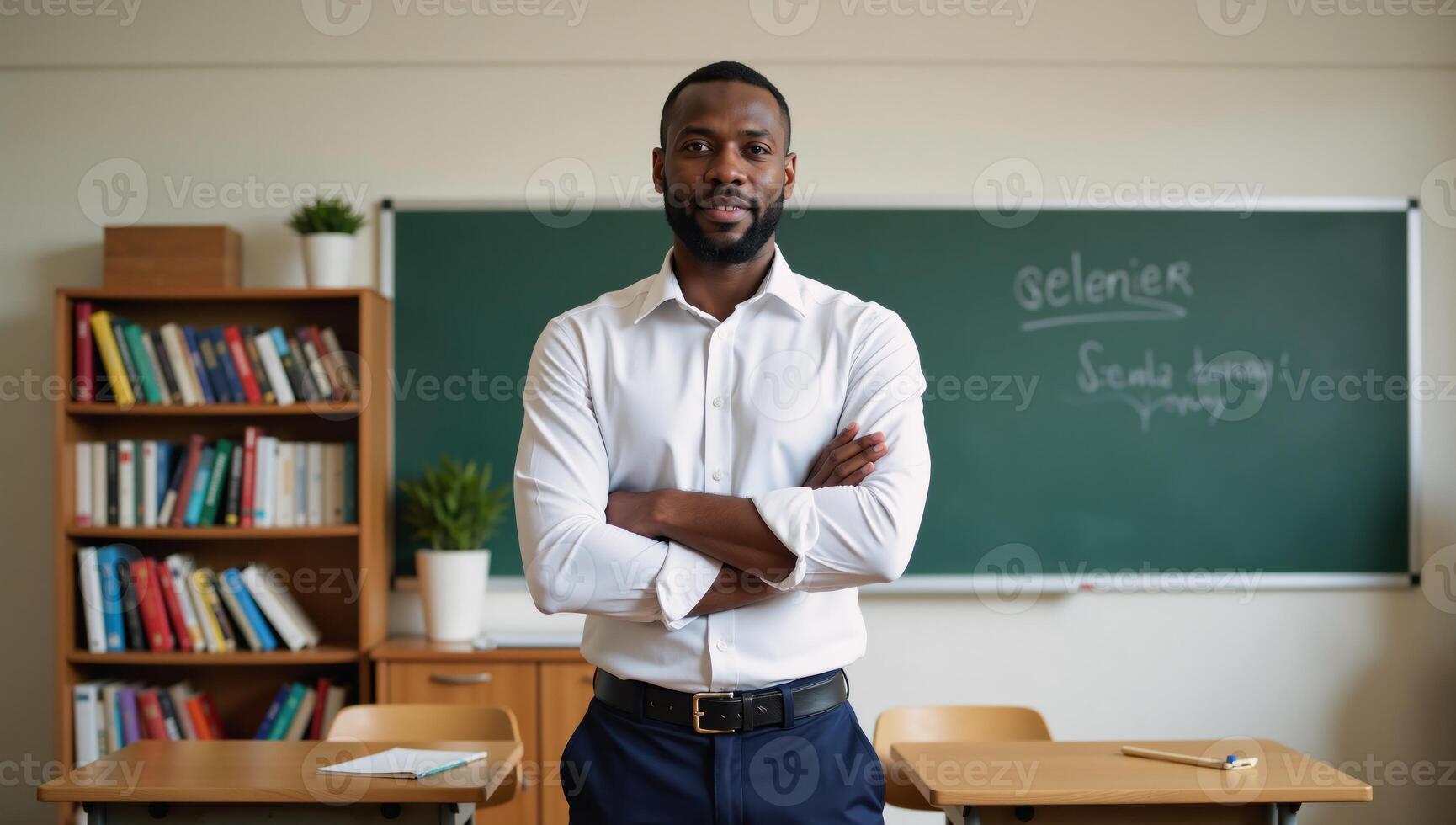 A selfassured black male educator standing assertively in a classroom setting arms folded photo