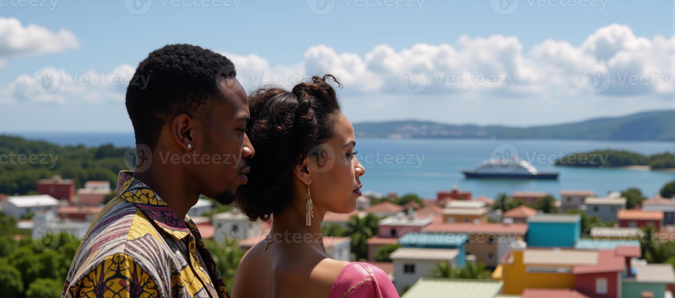 Punkstyle image portrays an African American couple admiring a sunset view of London from a Jamaican rooftop photo