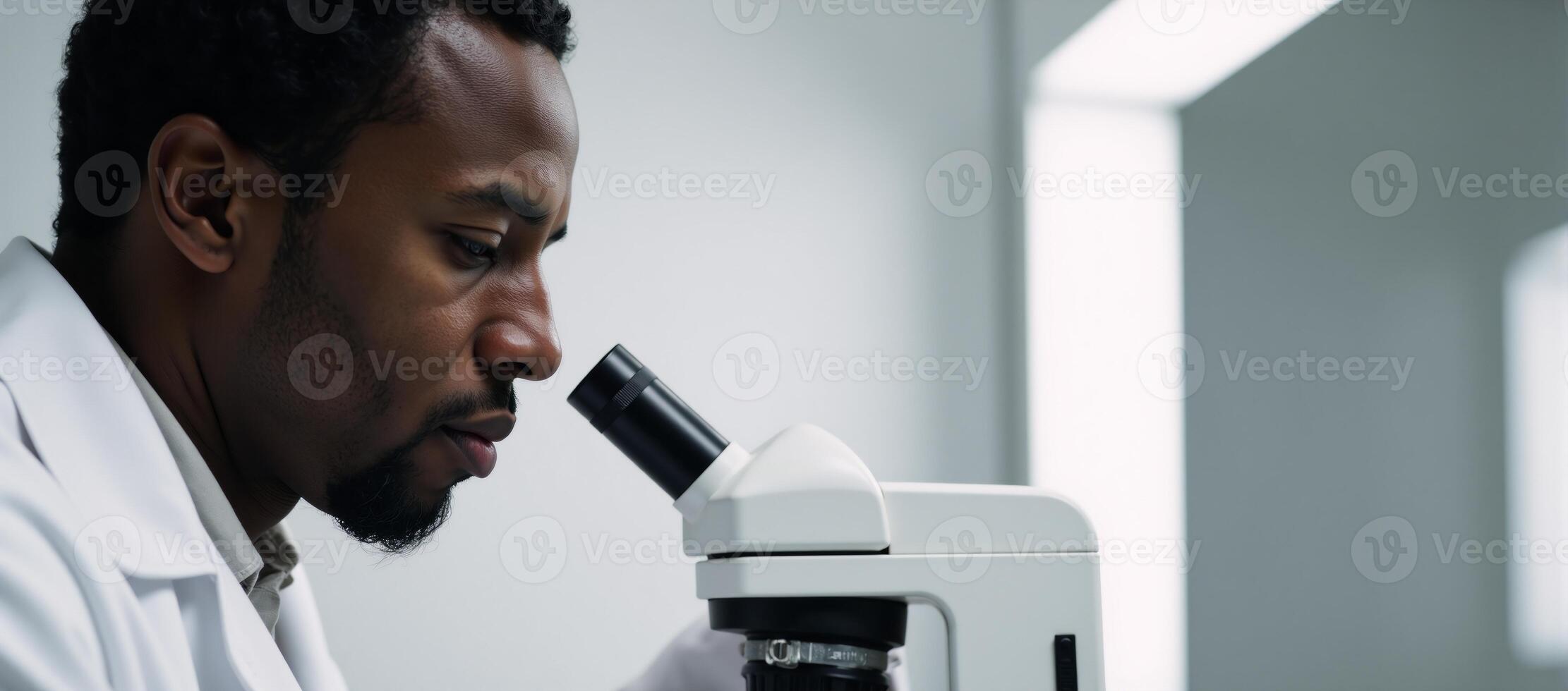 An African American scientist examines a specimen within a lab emphasizing his works importance in healthcare and science with strategic use of contrasting whites photo