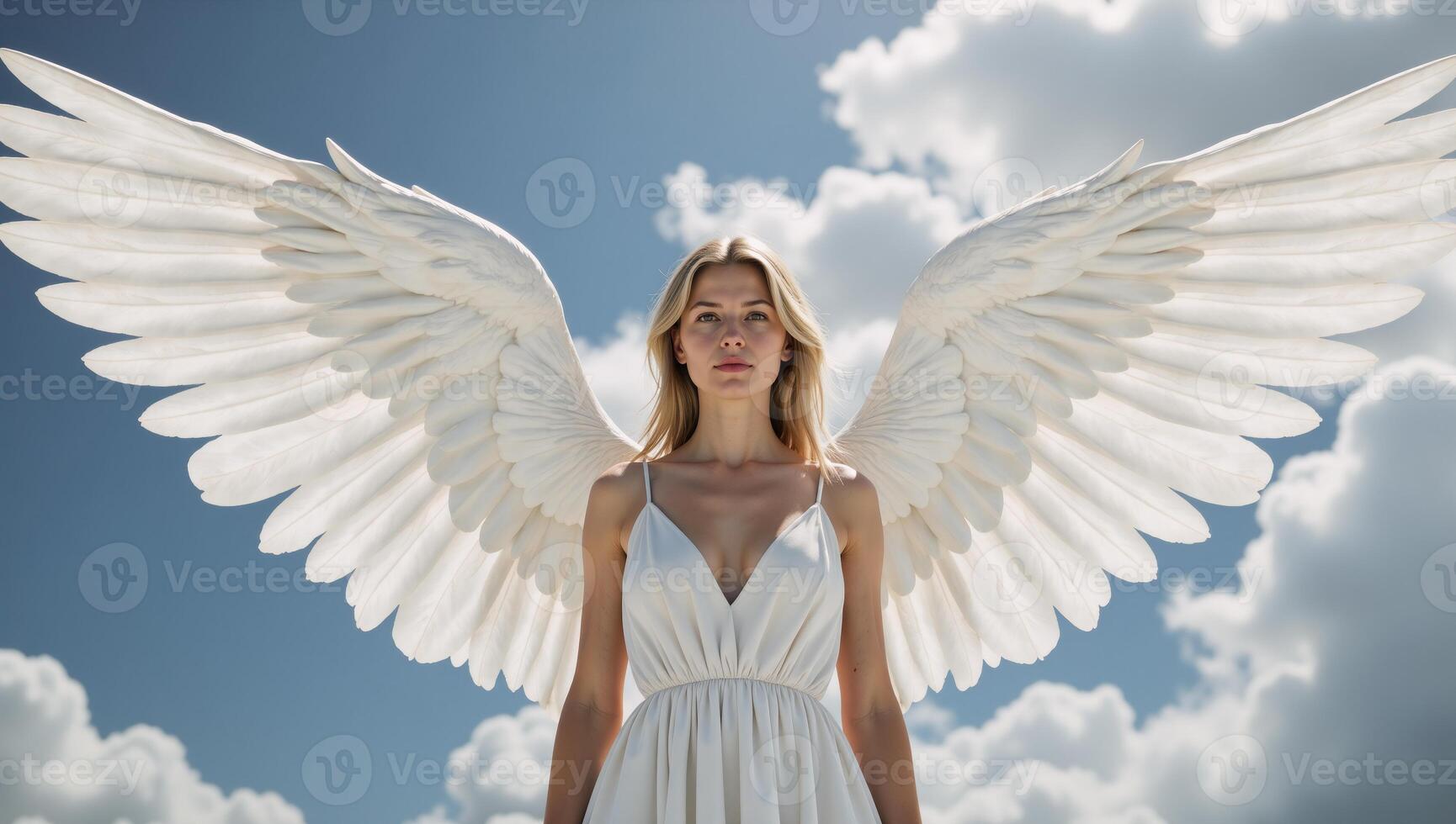 A photorealistic image showcasing a 3D angel figure adorned with large white wings photo