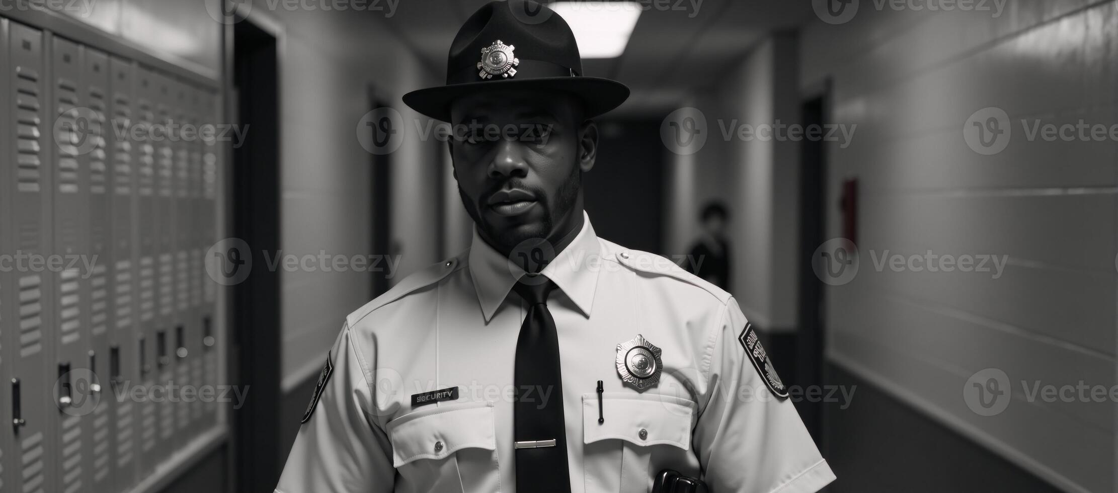 African American Security Guard with professional demeanor alert gaze and protective posture patrols a school hall conveying a sense of safety and vigilance photo