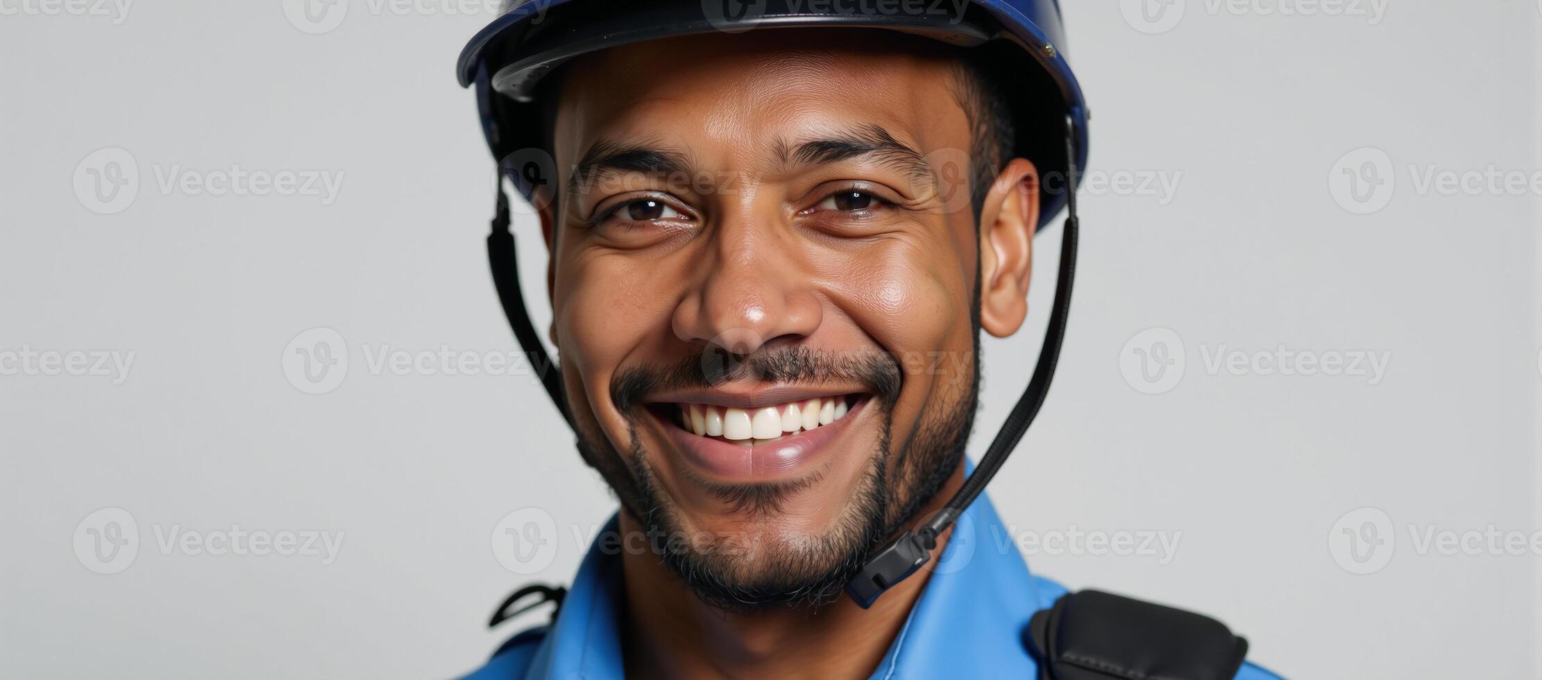A smiling African American security guard wears a blue uniform and helmet photo