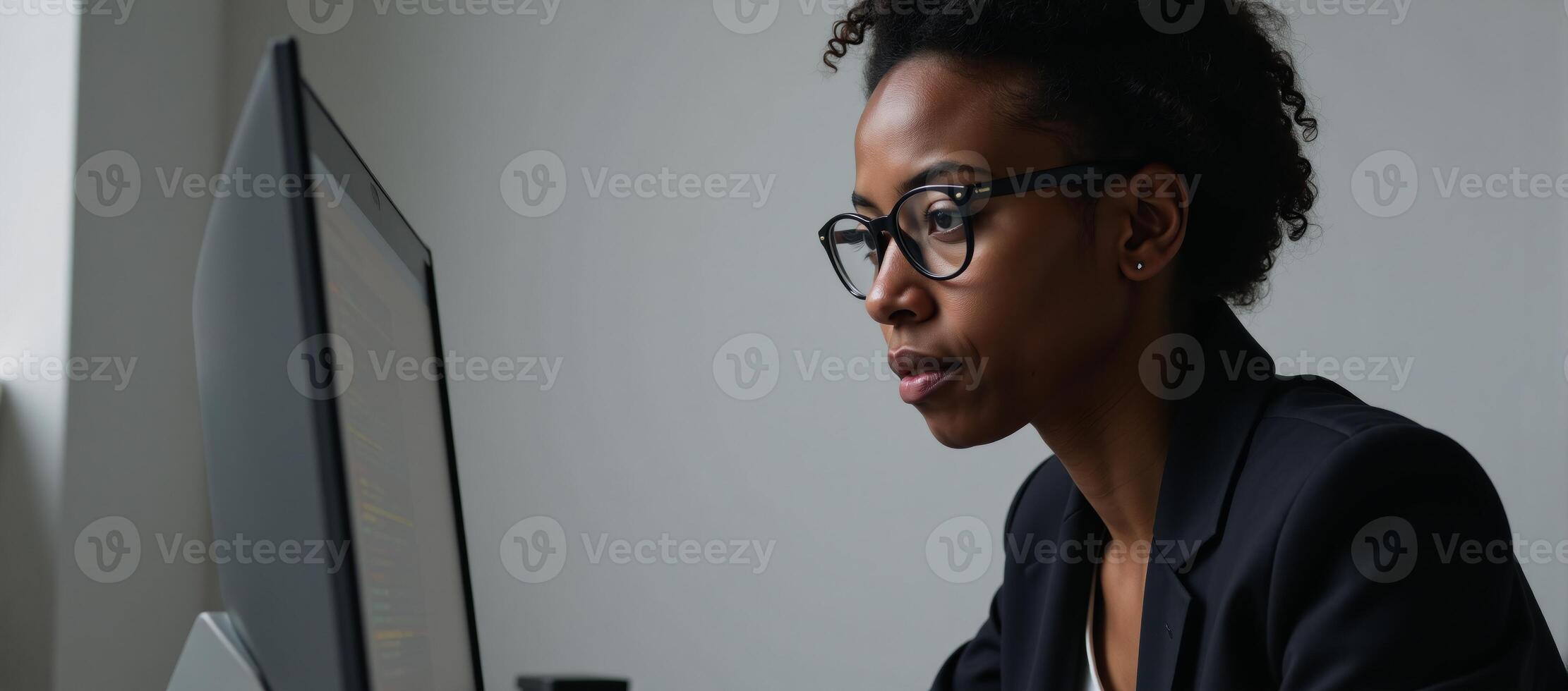AfricanAmerican female software developer intently analyzing code on screen photo