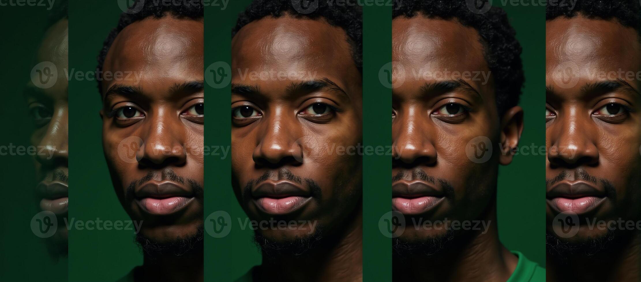 Portrait series featuring abstracted AfricanAmerican male faces in green tones with vertical stripes to convey the concept of dissociative identity disorder photo