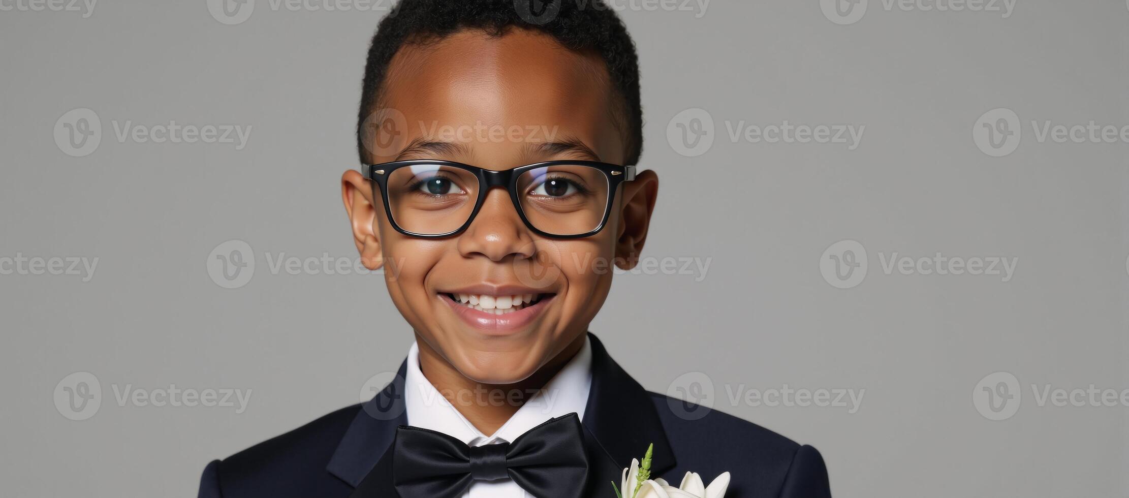 A stylish young AfricanAmerican boy donning a suit accessorized by a flower boutonnire photo
