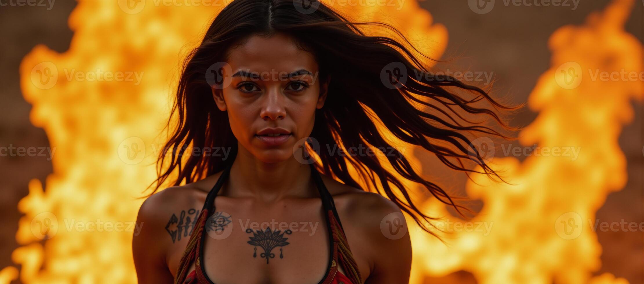An ethereal African American woman in flames walks through the inferno as a supernatural figure of power and resilience Sovereign Unparalleled Unconquerable Unswerving photo