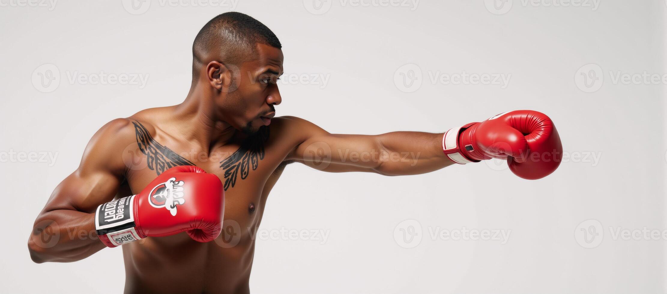 A powerful AfricanAmerican boxer with a painted body throws a punch using red boxing gloves photo