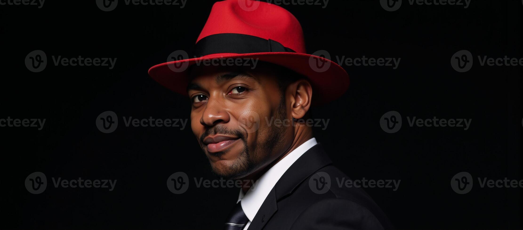 African American Businessman with Red Hat Suit on Black Background photo