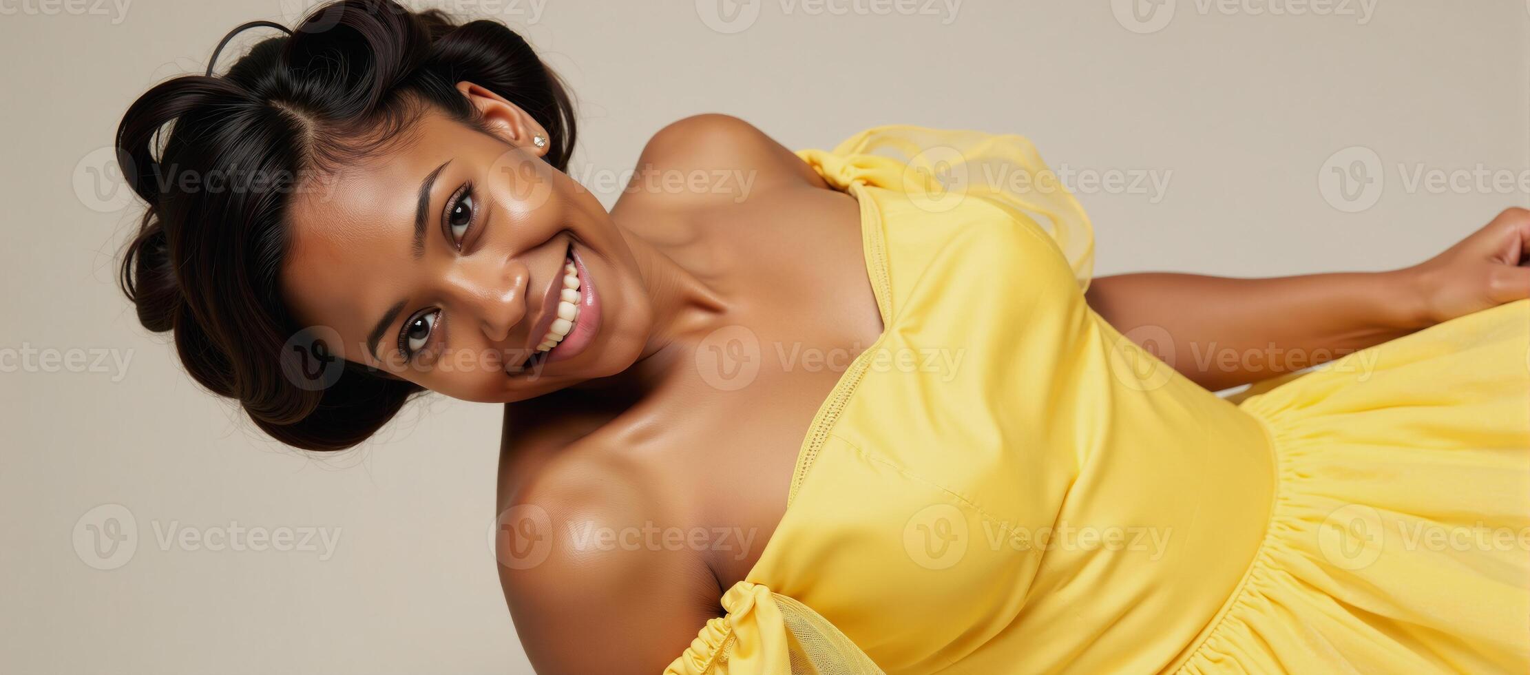A stunningly beautiful Afrocentric fairy tale portrait features an African American teenage girl dressed elegantly in a vibrant yellow retro gown with her hair styled and pulled up evoking the glamour photo