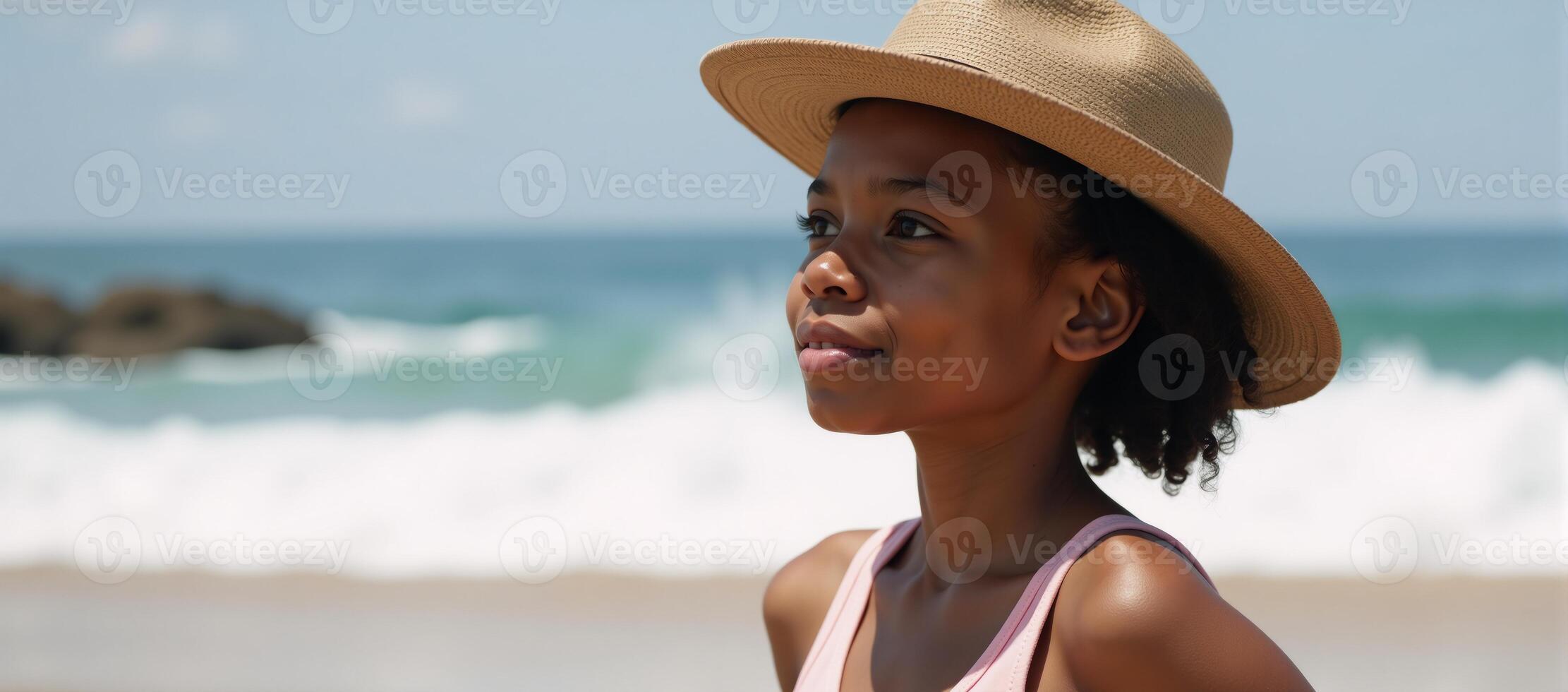African American girl donning a hat at the beach photo