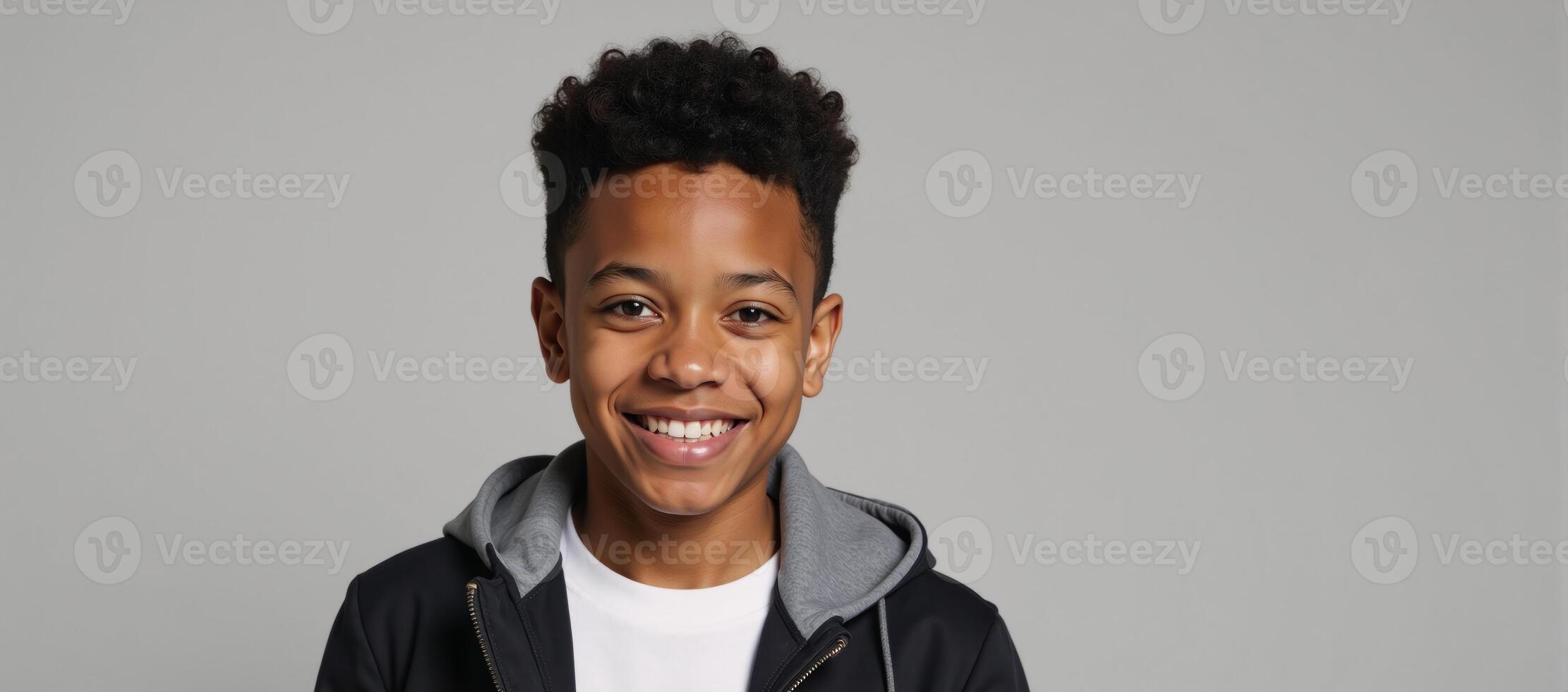 Isolated portrait of a smiley African American teenage boy dressed casually against a gray backdrop photo
