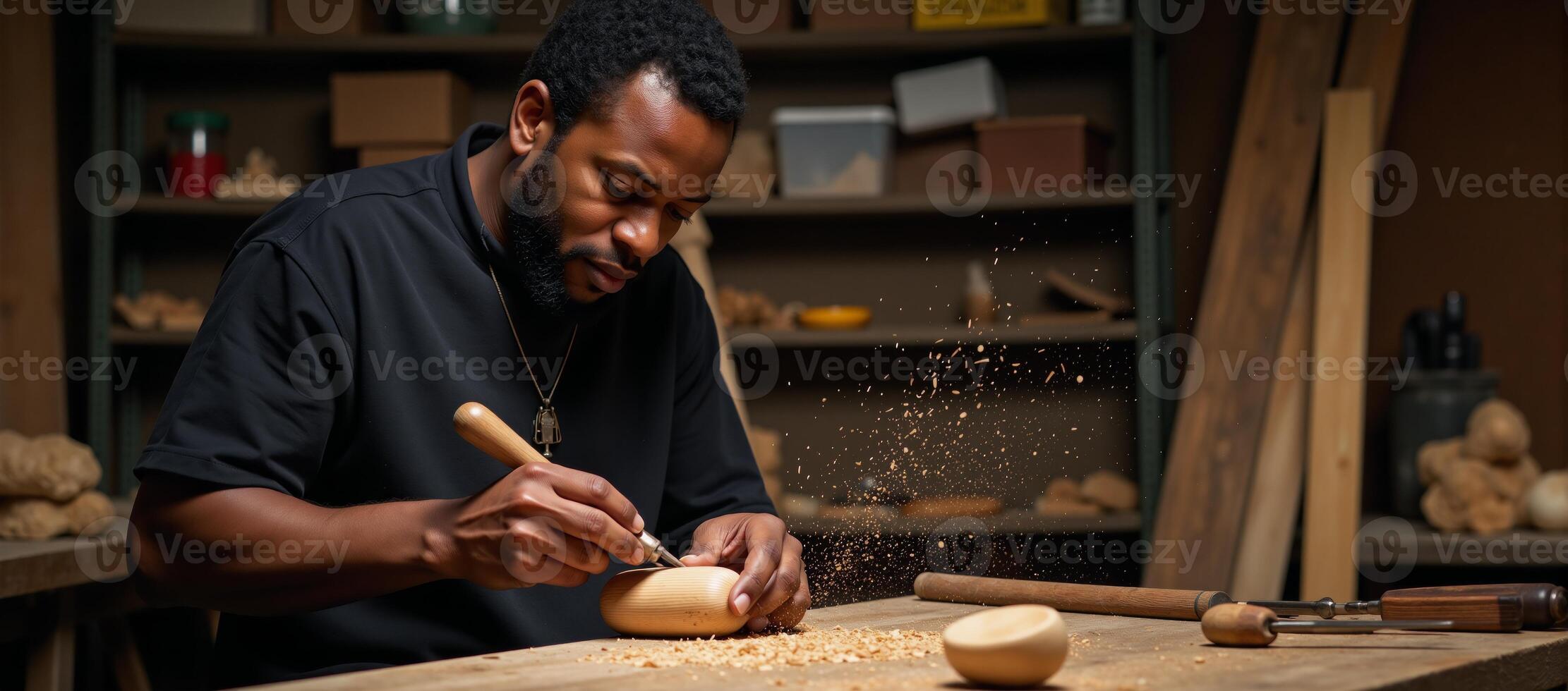 A skilled AfricanAmerican artisan carves intricate designs into a wooden masterpiece surrounded by tools and airborne wood chips photo