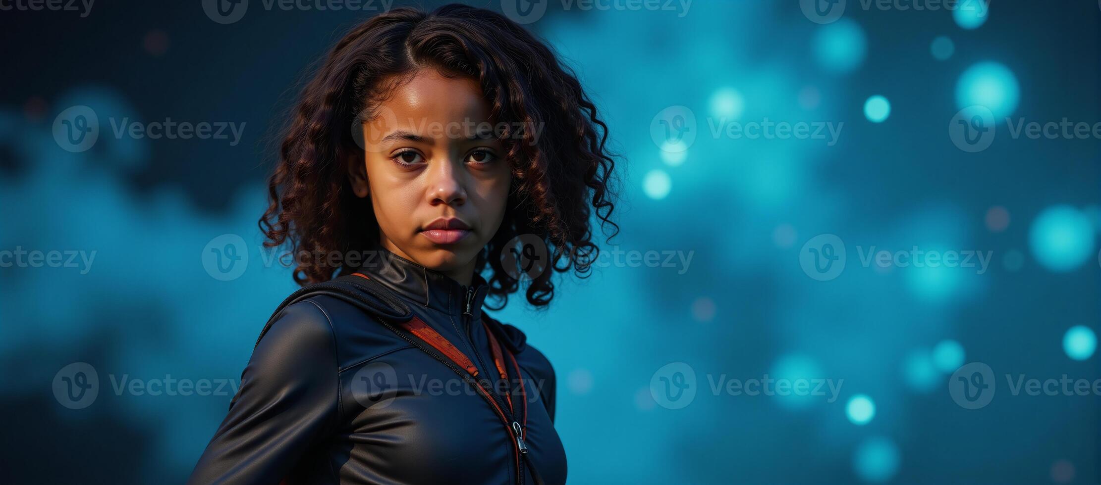 A curvaceous urban AfricanAmerican teenager strikes a dynamic pose in a glowing cityscape against a bokeh backdrop embodying a blend of superheroes and antiheroes with their vibrant fantastical photo