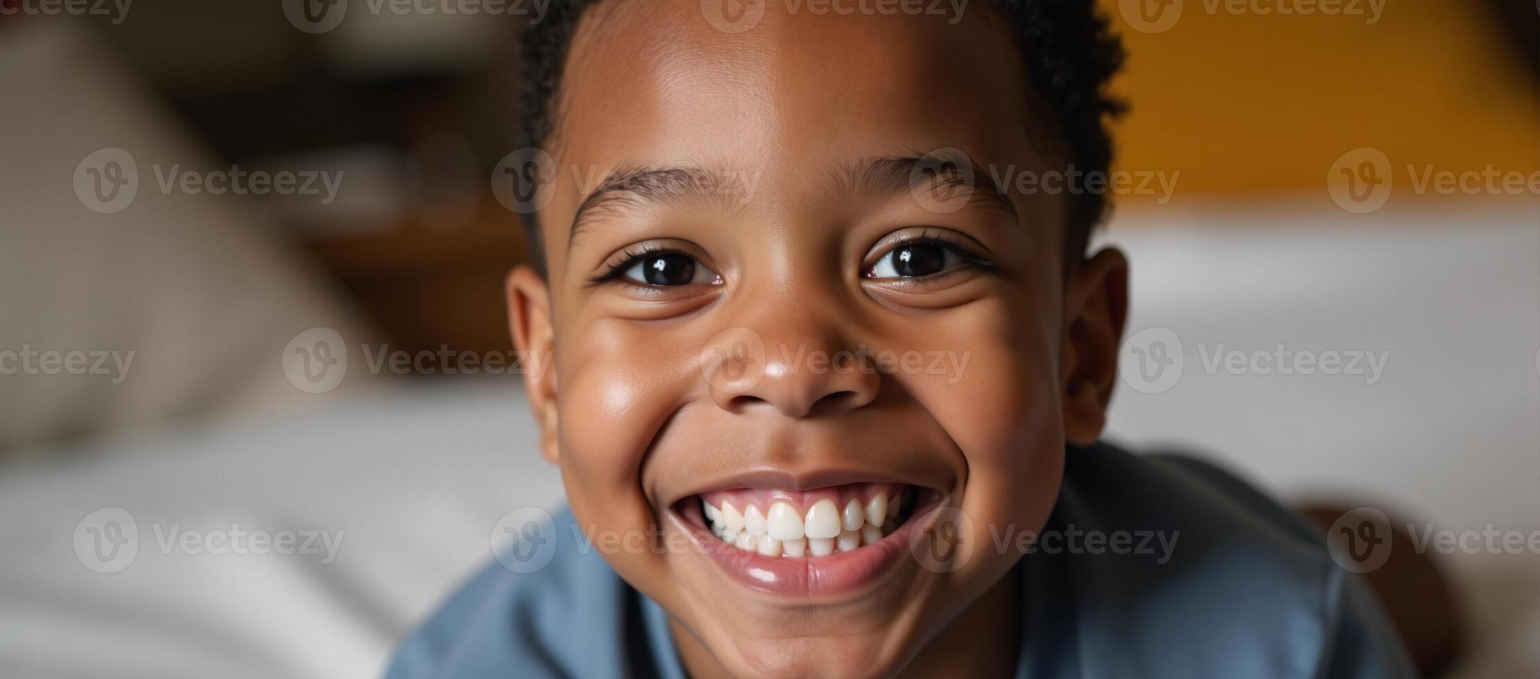 Closeup portrait of happy African American child radiating joy and innocence photo