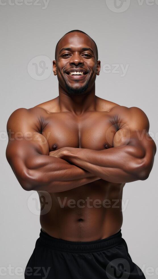 An athletic Black man stands with crossed arms and a smile against a backdrop photo